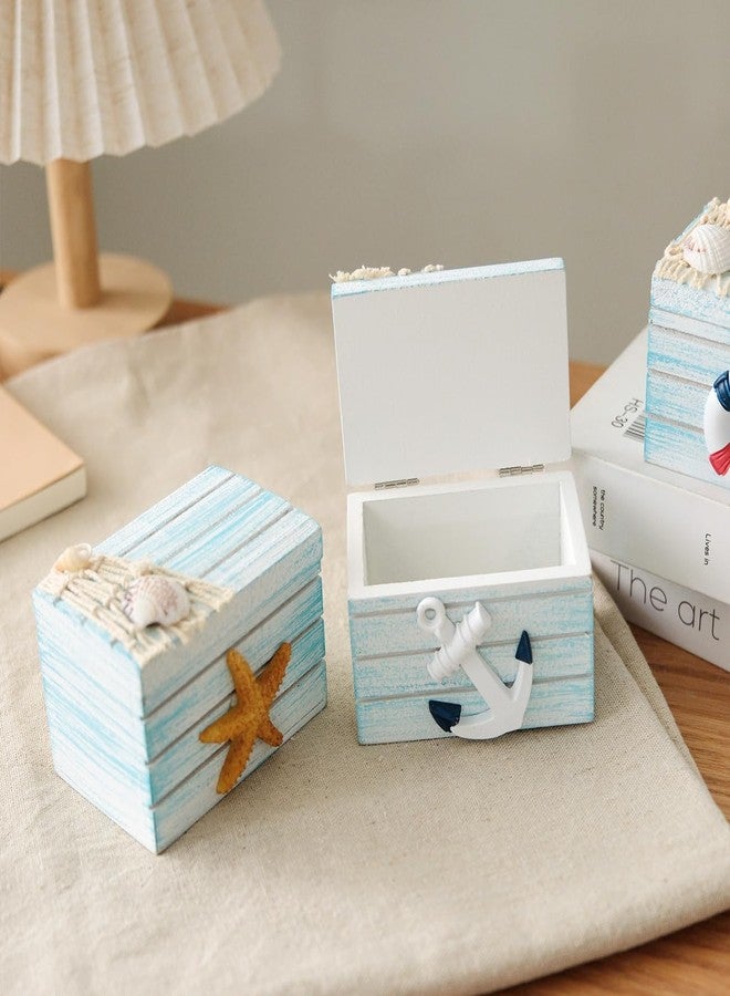 AzsVbvs 4 Pack Wooden Handmade Mini Jewelry Box, Starfish, Anchor, Sailboat, Life Ring Beach Decor Nautical Theme Decoration for Home Office Desk - Image 4